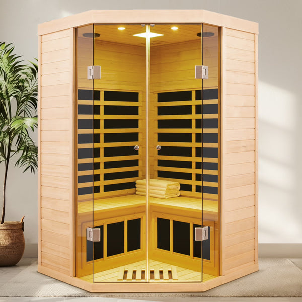 Home Infrared Sauna Built for Daily Recovery, 2-Person Corner Design, Hemlock Wood, 7 Heating Panels